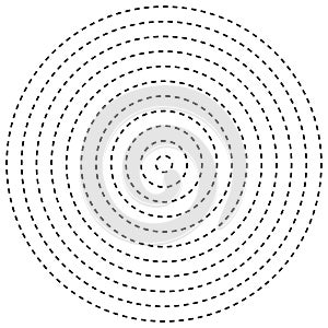 Radial dashed line circles. Circular, concentric element with gap lines. Periodic, infrequent line circles. Orbitting piece, bit photo