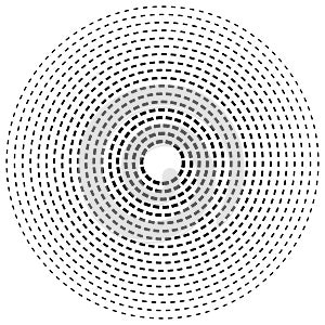 Radial dashed line circles. Circular, concentric element with gap lines. Periodic, infrequent line circles. Orbitting piece, bit photo