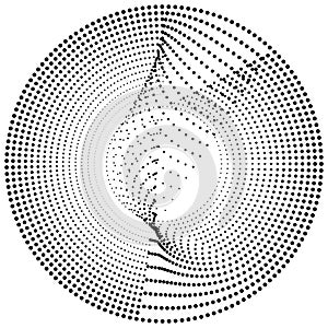 Radial element with random dots, circles, rings as particles. Diffusion, dissolve effect. Clutter vortex, swirl radiating shape.