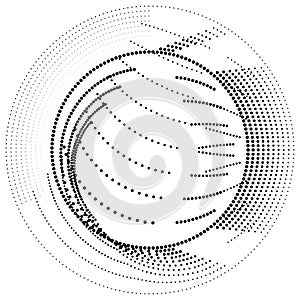 Radial element with random dots, circles, rings as particles. Diffusion, dissolve effect. Clutter vortex, swirl radiating shape.