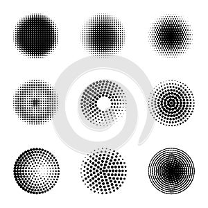 Radial halftone. Different gradient circles, halftone dots graphic digital technology texture, stippling perforated photo