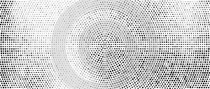 Radial halftone dots. Spotted and dotted gradient background. Concentric stains texture with fading effect. Black and