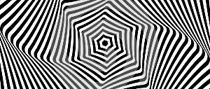 Radial optical illusion background. Black and white abstract distorted lines surface. Hypnotic poster design. Rotating