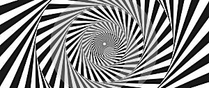 Radial optical illusion background. Black and white abstract lines in circles. Poster, banner, template design. Spinning