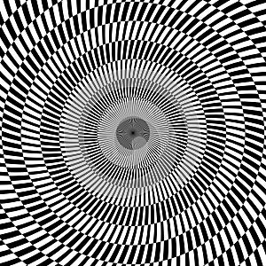 Radial optical illusion background. Black and white abstract lines surface in circles. Poster, banner, template design