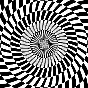 Radial optical illusion background. Black and white abstract lines surface in circles. Poster, banner, template design