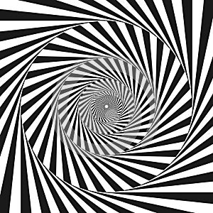 Radial optical illusion background. Black and white abstract lines surface in circles. Poster, banner, template design