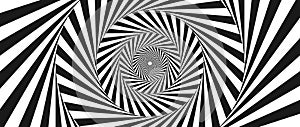 Radial optical illusion background. Black and white abstract rotating lines in circles. Poster, banner, template design