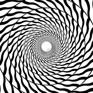 Radial optical illusion background. Black and white abstract wavy lines surface in circles. Poster, banner, template
