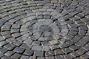 Radial pavement pattern. Background of black cobblestones