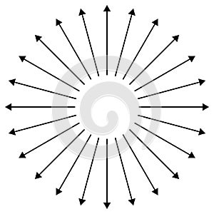 Radial, radiating arrows for expand, extend, explosion themes. Diverge, alignment concept circular pointers illustration. Spoke-