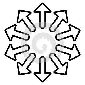 Radial, radiating arrows for expand, extend, explosion themes. Diverge, alignment concept circular pointers illustration. Spoke-