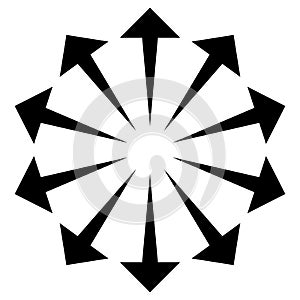 Radial, radiating arrows for expand, extend, explosion themes. Diverge, alignment concept circular pointers illustration. Spoke-