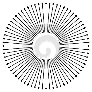 Radial, radiating arrows for expand, extend, explosion themes. Diverge, alignment concept circular pointers illustration. Spoke-