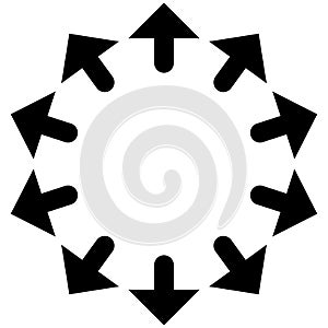 Radial, radiating arrows for expand, extend, explosion themes. Diverge, alignment concept circular pointers illustration. Spoke-