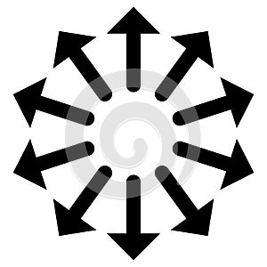 Radial, radiating arrows for expand, extend, explosion themes. Diverge, alignment concept circular pointers illustration. Spoke-