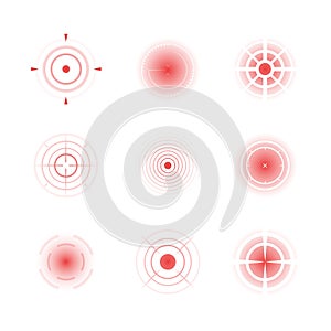 Radial red shapes. Migraine aiming bones painful target concentric pain vector abstract rings