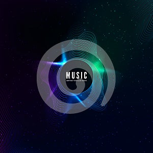 Radial sound wave curve with light particles. Colorful equalizer visualisation. Abstract colorful cover for music poster