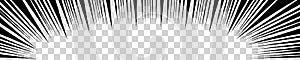 Radial speed black stripes on transparent background. Manga book page design. Cartoon or comic emphasis template. Splash