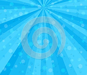 Radial speed lines. Abstract background with gentle blue rays, stripes. Background with falling confetti pieces, bokeh