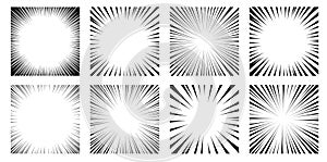 Radial speed lines background. Black and white comic action line strips for comic book or magazine. Speed abstract