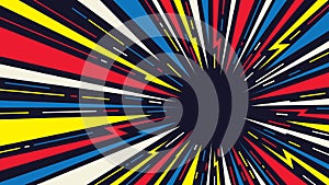 Radial speed lines background for comic books. Color rays of explosion. Speed motion in hyperspace tunnel. Abstract comic