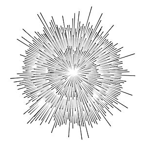 Radial speed lines in circle for comic books. Fireworks explosion background. Starburst round logo. Circular design element.