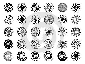 Radial swirles. Hypnotic black shapes round symbols vector collection set