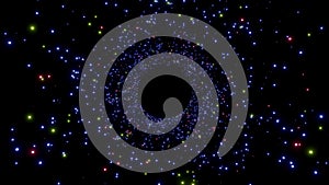 Radial three-color particles that emit light. An orbit that extends from the center to the outside