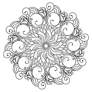 Radial zentangle mandala adult coloring book page. Zendoodle circular black and white outline illustration