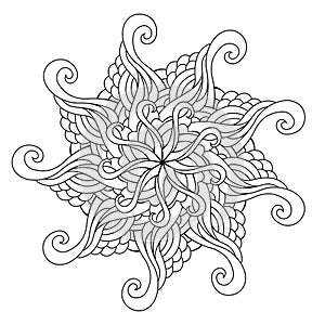 Radial zentangle mandala adult coloring book page. Zendoodle circular black and white outline illustration