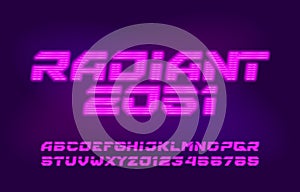 Radiant alphabet font. Neon light letters, numbers and symbols.
