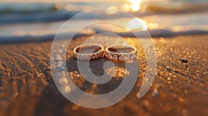 Radiant Backlight Romance: Wedding Rings Gleaming on Sandy Beach