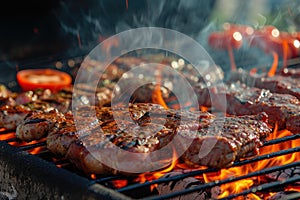 Radiant Barbecue grill with burning fire closeup photo. Generate ai