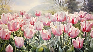 Radiant Blooms: A Vibrant Display of Pink Tulips in a Sunlit Gar