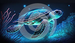 a radiant blue shimmering turtle under water, galaxy theme, generative ai technology