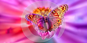 Radiant butterfly with fiery wings hovers over a swirling vortex of purple,. photo