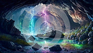 Radiant Crystal Cave, A Vibrant and Mystical Grotto with a Lake and Cascading Waterfalls, Generative AI