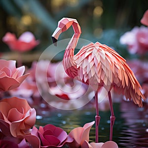 A radiant flamingo, its graceful origami figure standing tall amidst a sea of pink paper lotus flowers by AI generated