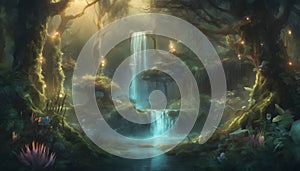 The Radiant Glade: Discover the Magic of a Mystical Forest and Its Sparkling Waterfall, Generative AI photo