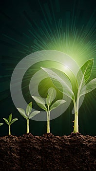 Radiant glow plant growth sequence on dark background, symbolizing vitality and growth