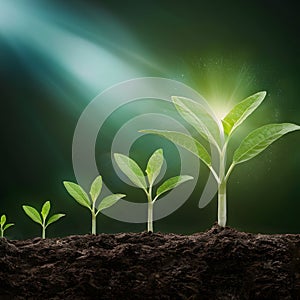 Radiant glow plant growth sequence on dark background, symbolizing vitality and growth