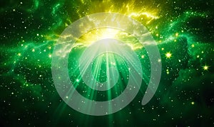 Radiant green light beams radiating from a single luminous point with particles, depicting energy, vitality, or a mystical