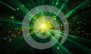 Radiant green light beams radiating from a single luminous point with particles, depicting energy, vitality, or a mystical