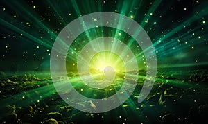 Radiant green light beams radiating from a single luminous point with particles, depicting energy, vitality, or a mystical