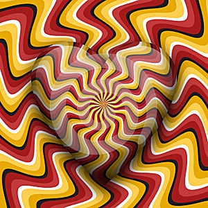 Radiant heart moving optical illusion vector abstraction. Yellow red curved striped patterned spinning heart