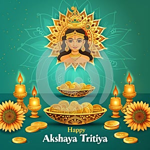 A radiant illustration for Akshaya Tritiya featuring a goddess, gold coins, and diya lamps against a teal background photo