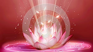 A radiant lotus flower in vibrant pink unfolds its petals, emitting a divine light, symbolizing spiritual emergence and photo