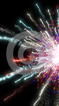 Radiant multicolored explosive firework-like burst with sparkling particles expanding in all directions