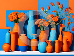 Radiant orange flowers gracefully arranged in a vase cast a vibrant contrast against the serene blue background.
